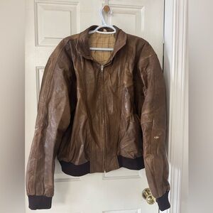 Brown 100% real leather zip up bomber jacket